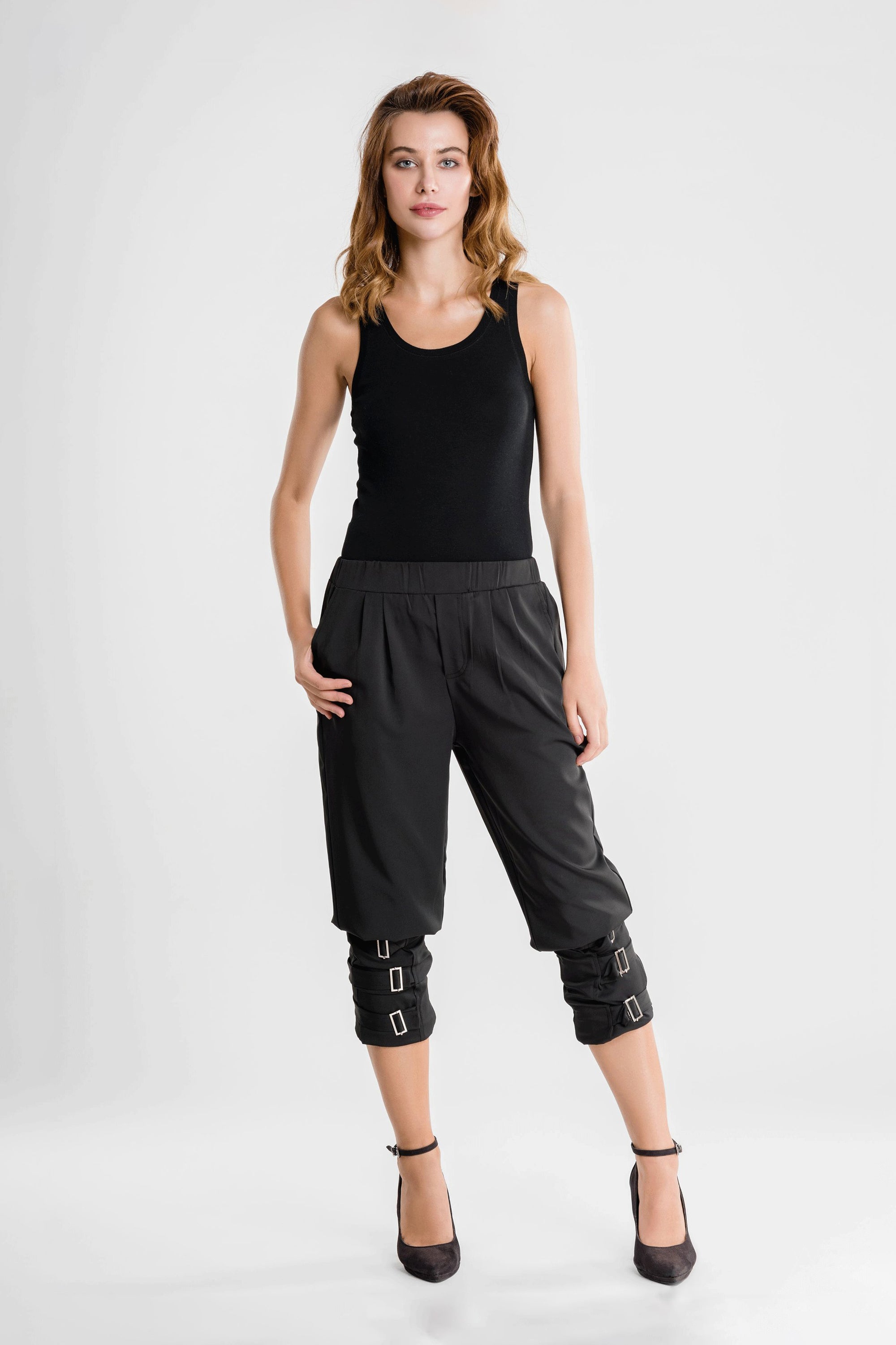 Fitted Cuff Harem Pants with Buckles